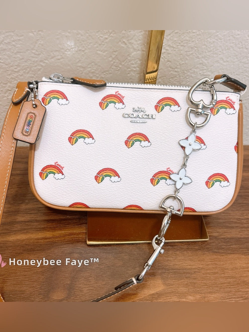 Coach Nolita 19 rainbow White Rainbow Print Wristlet with floral charm